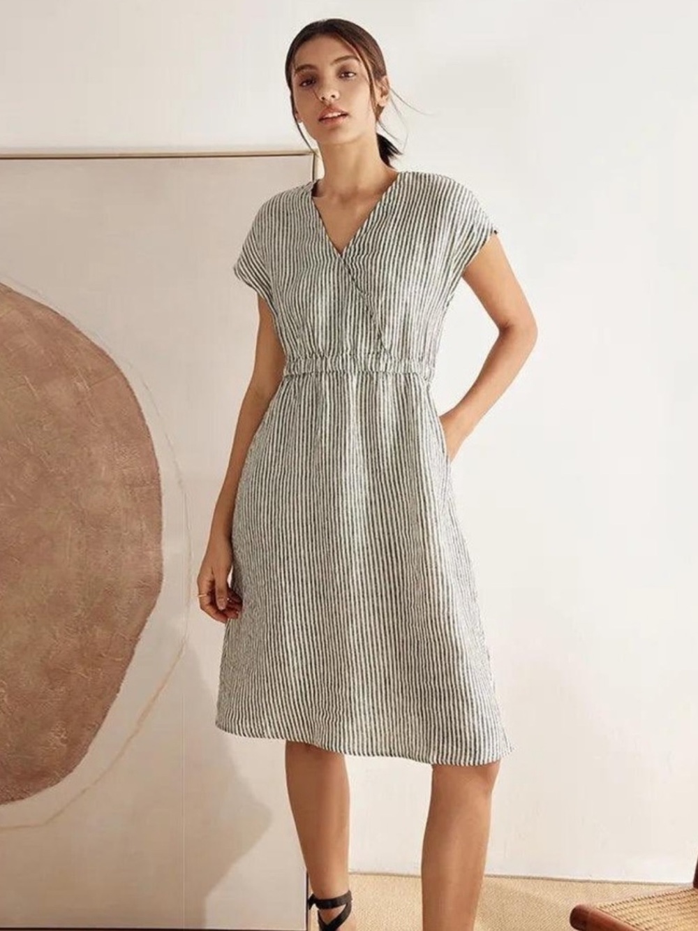 NEW! Grae Cove Striped Linen Dress Black Gray Stripe Size XL